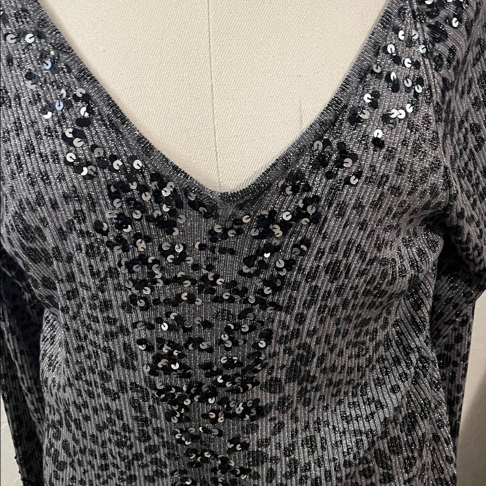 Belldini Black and Gray Sequin V-Neck Sweater - Picture 2 of 8